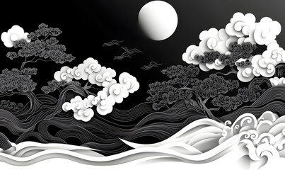 Poster - Nighttime landscape with paper-cut style trees and clouds