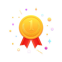 Wall Mural - Gold medal with decoration icons around it. Vector realistic badge with first place achievement. Round label with red ribbon. Winner prize. Competition trophy