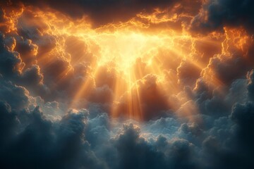 Wall Mural - a stunning view of the sun shining through the clouds, creating a heavenly and dramatic sky