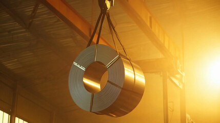 Poster - Roll coil metal sheet being lifted by crane in factory Generative AI