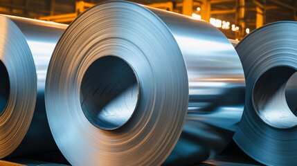 Poster - Rolled aluminum metal sheets stored in industrial facility Generative AI