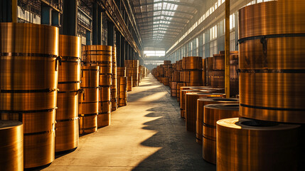 Leinwandbilder - Stacks of rolled bronze metal sheets in storage facility Generative AI