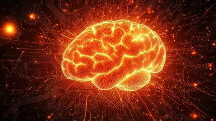 Wall Mural - a glowing, digital brain floats above a network of glowing circuits, symbolizing artificial intellig