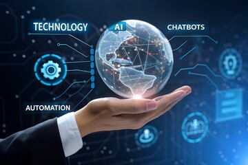 Wall Mural - hand holding chatbot globe with network connecting data. chatbots are part of digital technology, ut