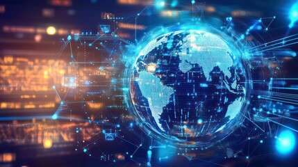 Wall Mural - planet earth in digital form on technology background, blue glowing lights, network connections, glo
