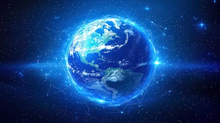 Wall Mural - planet earth in digital form on technology background, blue glowing lights, network connections, glo