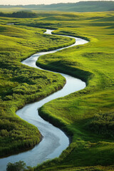 Wall Mural - A serene river meanders through vibrant green fields, creating a picturesque landscape under the soft sunlight.