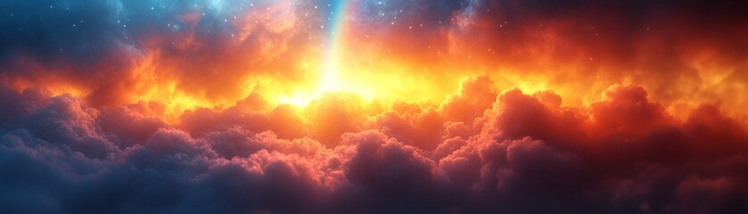 Wall Mural - a breathtaking view of vibrant clouds glowing with a combination of fiery orange, red, and blue hues. The scene is a spectacle of light and color