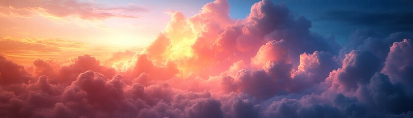 Wall Mural - a mesmerizing view of the sky filled with fluffy clouds, bathed in the golden light of the sunset
