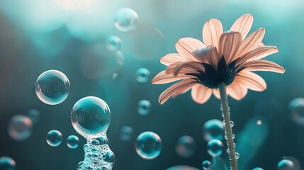 Wall Mural - close-up of a flower with bubbles in the air and a distinct flower in the foreground against a blurr