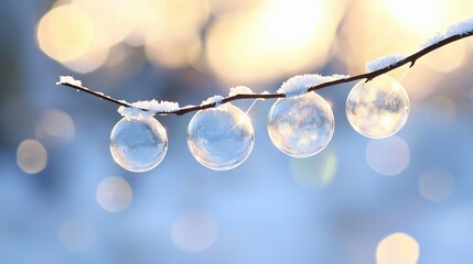 Wall Mural - a cluster of snow-capped bubbles dangling from a twig on a branch