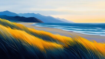 Wall Mural - a painting of a sunset beach with mountains, grass, and water in the foreground