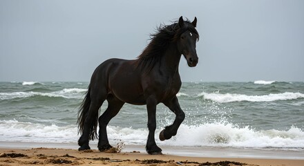 a powerful friesian horse standing on a windswept beach during a storm, its mane flowing wildly as w