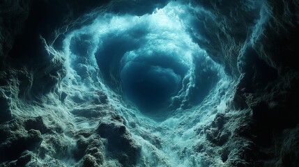 a stunning view looking up into a cloudy sky. The clouds are in a circular shape and lit with blue light