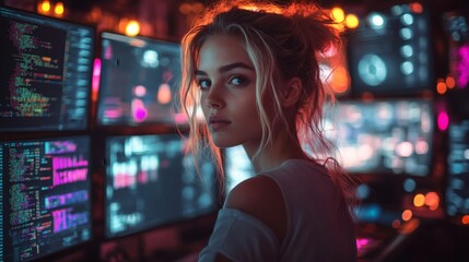 a young woman working late at night, surrounded by computer monitors, code, and data
