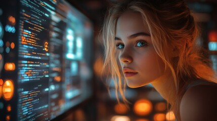 A woman gazing thoughtfully at a screen filled with code, suggesting a futuristic or technological setting. She has a serious expression and a sense of focus.