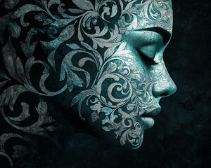  Profile of a face adorned with teal and silver floral design, creating an elegant and mysterious artistic effect, showcasing beauty and artistic expression