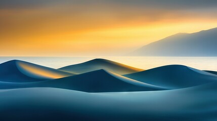 Wall Mural - a stunning painting of a sunset over a tranquil body of water in the foreground, with a majestic mou