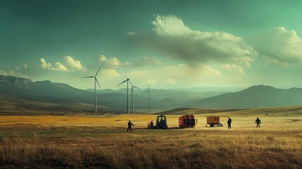 Wall Mural - Wind turbines and equipment construction on a grassy landscape scene
