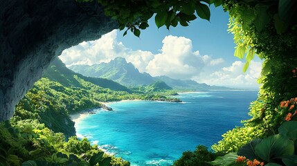 Wall Mural - a vast lake beside verdant hills covered in dense vegetation, overlooking an azure sea