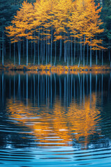 Wall Mural - Vibrant yellow autumn trees reflect beautifully in a serene, rippling lake, creating a stunning contrast against the dark forest backdrop.