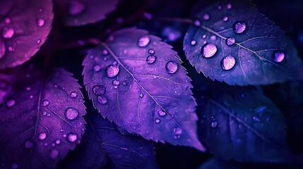 Wall Mural -   A close-up of a leaf with water droplets on its leaves is purple and the leaves are green