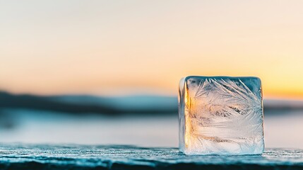 Wall Mural - an ice block rests atop a wooden table beside a tranquil waterbody during a stunning sunset