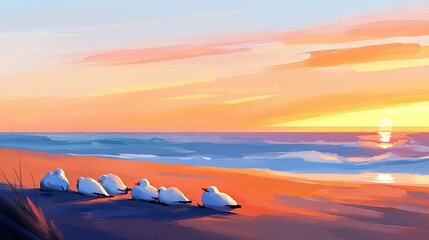 Wall Mural - seagulls on a sandy beach - a captivating painting depicts a flock of seagulls perched peacefully on
