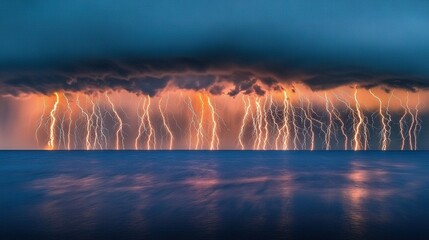 Wall Mural - a lightning bolt is visible in the sky above a water body
