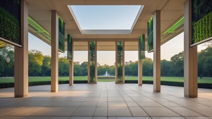 central park view from a modern pavilion showcasing greenery and a fountain in the distance.