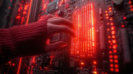 Wall Mural - cyberpunk aesthetic: hand interacting with glowing red circuit board
