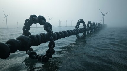 Wall Mural - A large chain leads to offshore wind turbines in fog