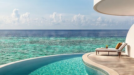 Wall Mural - a lounge chair perched atop a wooden deck beside a swimming pool and adjacent to a vast expanse of w