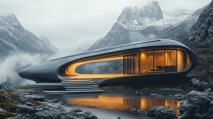 Fototapete - Architectural Marvel: A stunning futuristic home blends seamlessly with its breathtaking mountain landscape, showcasing innovation and luxurious living.