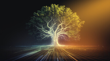 Wall Mural - glowing tree with digital grid, symbolizing technology, nature, and connection, ideal for tech or en