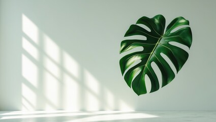 Aufkleber - Green monstera tropical leaf against white backdrop.