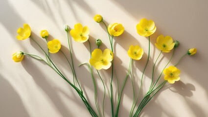 Aufkleber - Minimal floral design from above featuring yellow flowers with green leaves on a neutral beige backdrop, spring summer seasonal theme, creative flat lay showcasing nature's beauty, wild blooms arra...