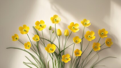 Aufkleber - Minimal floral design, overhead view of yellow flowers alongside green leaves on a neutral beige backdrop, spring summer seasonal theme, artistic flat lay showcasing nature's beauty, collection of ...