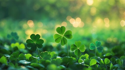 Poster - Green backdrop featuring three-leaved shamrocks, Lucky Clover in the Field as a holiday symbol.