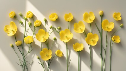 Aufkleber - Minimal floral design, top view of yellow flowers with green leaves on a neutral beige background, representing a spring-summer seasonal theme, creative flat lay of nature's beauty, featuring wild ...