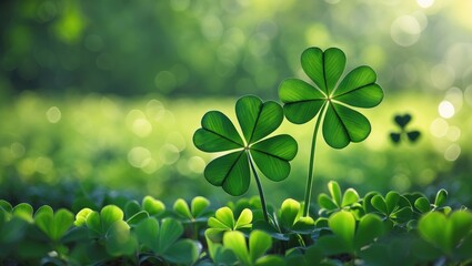 Poster - Green background featuring three-leaved shamrocks, Lucky Clover in the field as a symbol for the holiday.