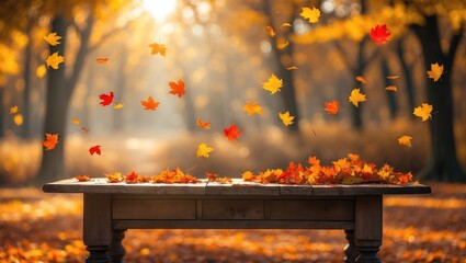 Poster - Sunlight in autumn woods. Gorgeous scenery with golden trees and sunlight. Vibrant foliage on a wooden table. Falling leaves natural backdrop.