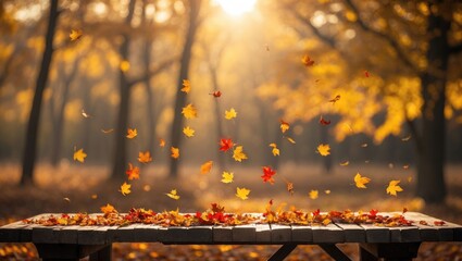 Poster - Sunlight in autumn forest. Stunning landscape featuring yellow trees and sunlight. Colorful leaves on a wooden table. Natural background of falling leaves.