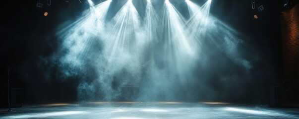 Wall Mural - a dark stage with spotlights shining down creating a dreamy atmosphere.