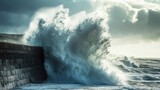 A massive ocean wave breaking against a stone harbor wall