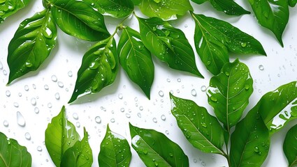Poster - Green leaves with water droplets on a white background