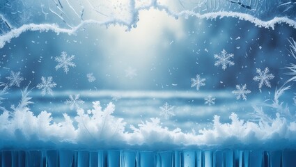 Poster - Frozen design on a winter window. Blue ice seasonal backdrop, texture for blue wallpaper. Icy blue backdrop.