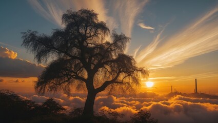 Aufkleber - Stunning panoramic view of the vibrant sunrise with silver lining and clouds in the sky.