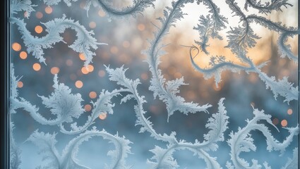 Poster - Frost designs on glass. Holiday bokeh backdrop