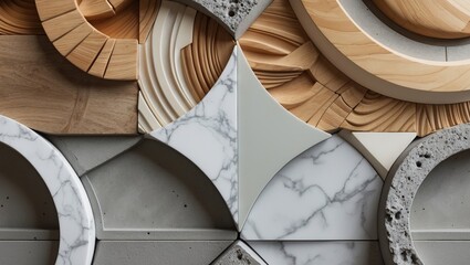 Poster - Geometric seamless decoration composed of wood, marble, concrete, cement, and stone.